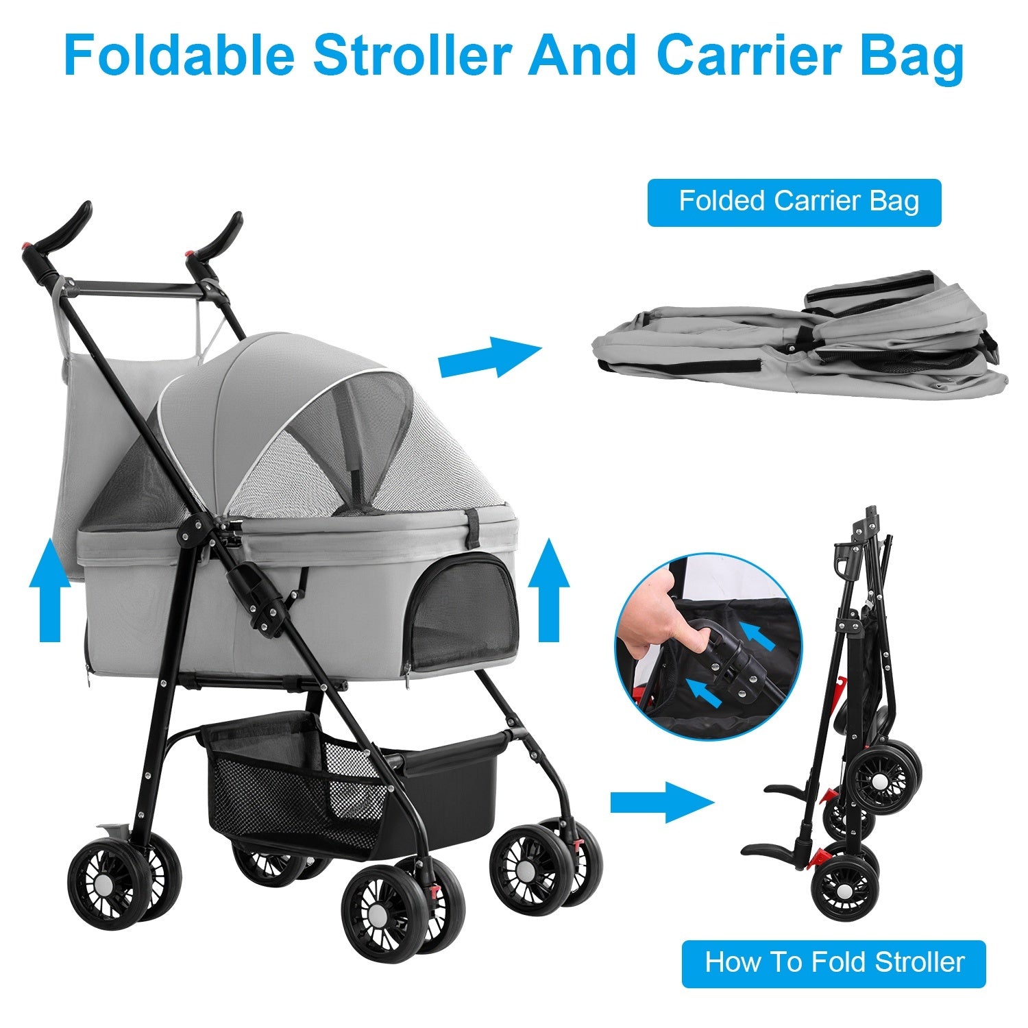 1Pc 4-Wheels Pet Stroller Foldable Carrier Strolling Cart Travel Jogger Pet Stroller With Removable Liner Storage Basket For Dog Cat - Enfance-Heureuse