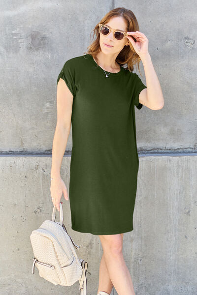 Basic Bae Full Size Round Neck Short Sleeve Dress with Pockets - Enfance-Heureuse