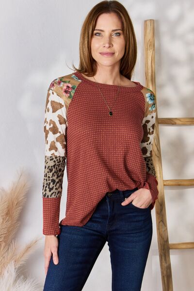 Hailey & Co Full Size Leopard Waffle-Knit Blouse - Enfance-Heureuse