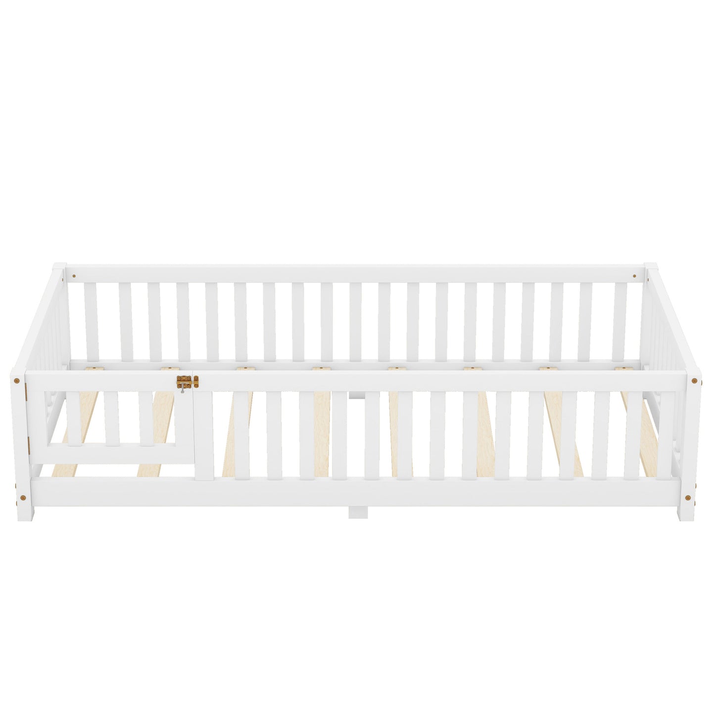 Twin Size Bed Floor Bed With Safety Guardrails And Door For Kids, White - Enfance-Heureuse