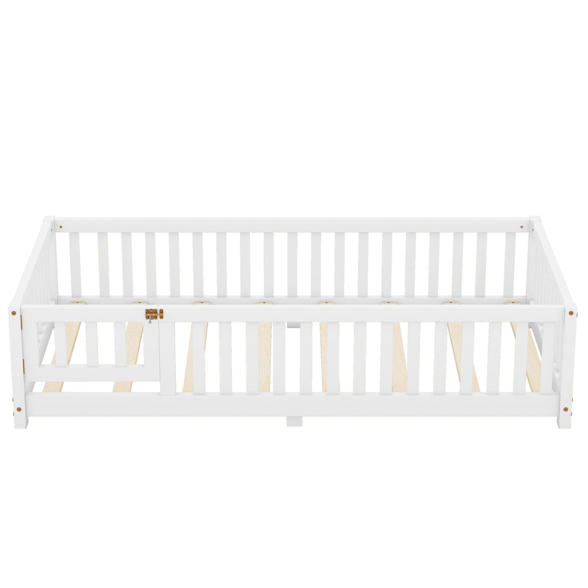 Twin Size Bed Floor Bed With Safety Guardrails And Door For Kids, White - Enfance-Heureuse