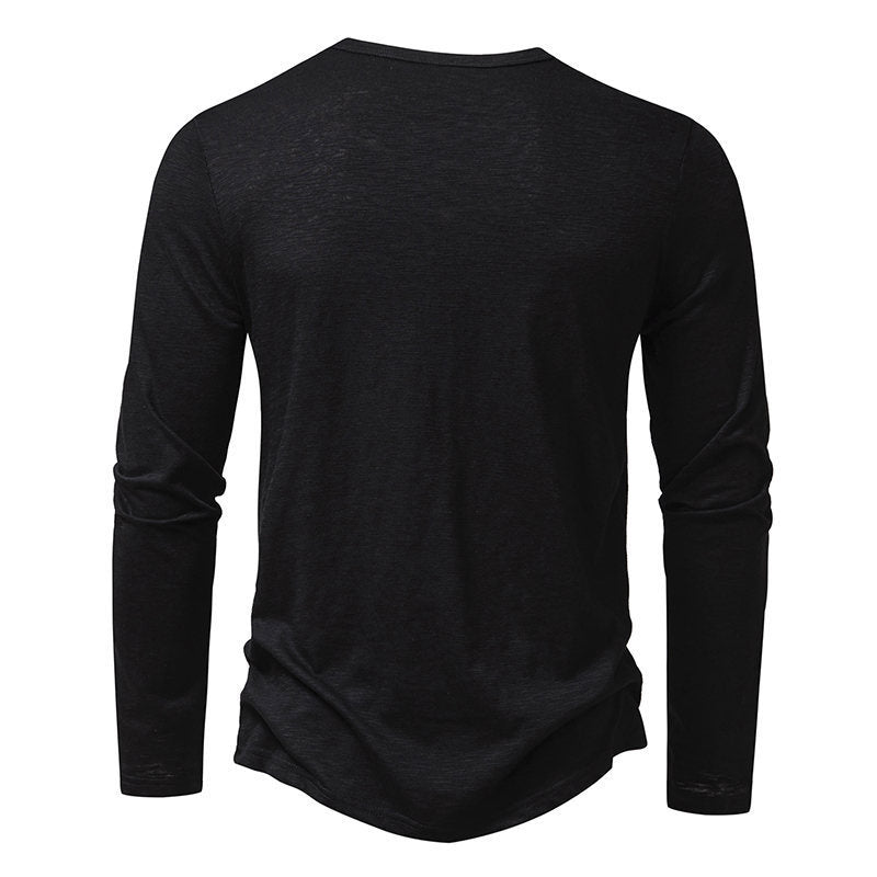 Mens Clothing Long Sleeve T-shirt Fashion Button Henry Collar Tops - Enfance-Heureuse