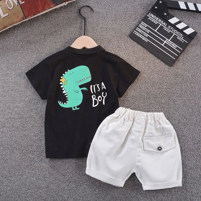 T-shirt à manches courtes motif dinosaure pour garçon, ensemble deux pièces