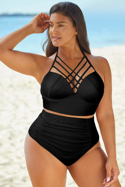 Full Size Halter Neck Crisscross Ruched Two-Piece Swimsuit - Enfance-Heureuse