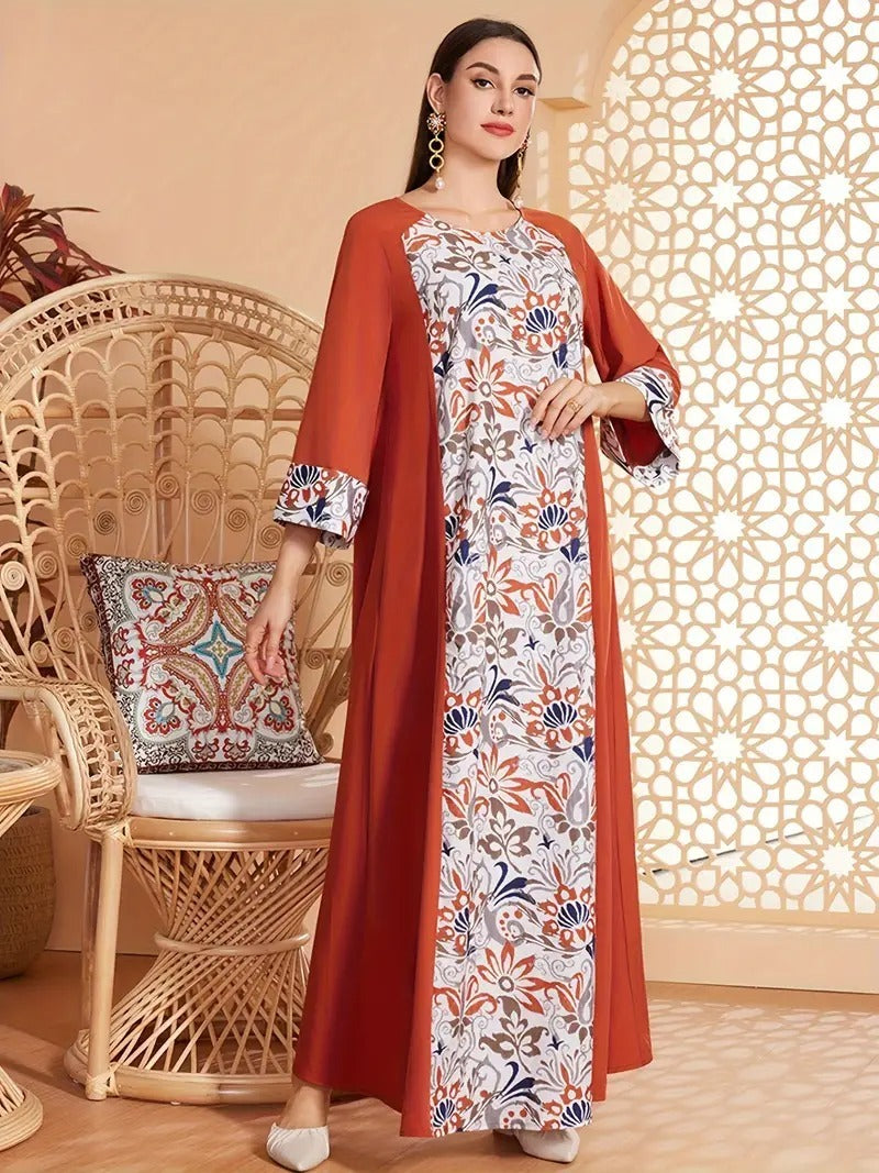 Elegante vestido abaya de manga larga con estampado floral