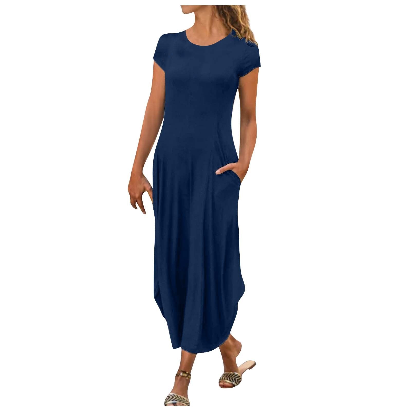 Pullover Short Sleeve Round Neck Mid Waist Solid Color Dress - Enfance-Heureuse