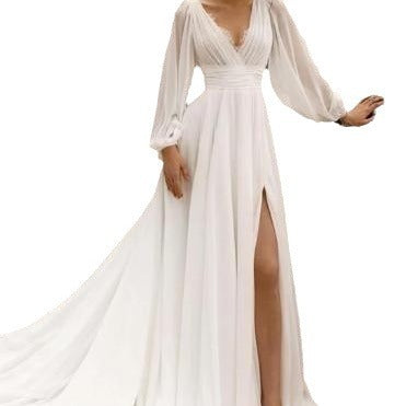 European And American High Waist Plus Size Deep V Long Sleeve Mopping Backless Wedding Dress High Slit - Enfance-Heureuse