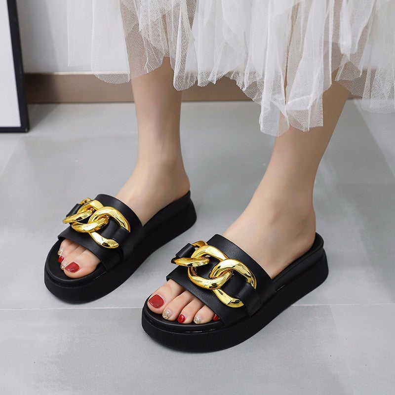 Summer New Style Metal Chain Flat-bottomed Lazy Beach Flip-flop Women - Enfance-Heureuse
