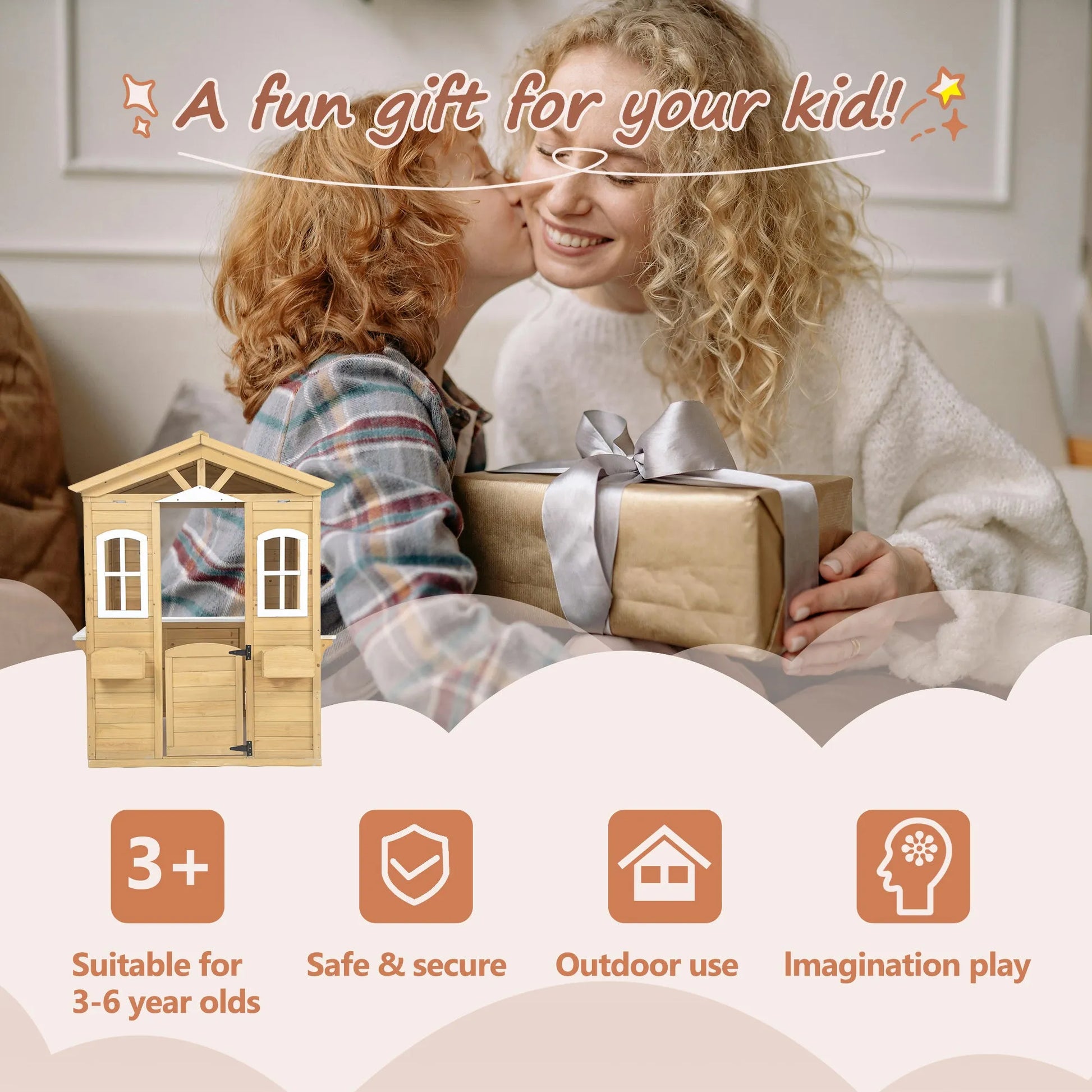 Wooden Outdoor Playhouse For Children With Work Doors, Windows, Mailbox, Flower Pot Stand - Enfance-Heureuse