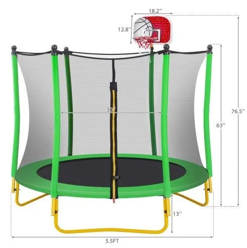 5.5FT Trampoline For Kids -65 Outdoor & Indoor Mini Toddler Trampoline With Enclosure, Basketball Hoop And Ball Included - Enfance-Heureuse