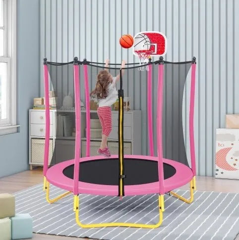 5.5FT Trampoline For Kids -65 Outdoor & Indoor Mini Toddler Trampoline With Enclosure, Basketball Hoop And Ball Included - Enfance-Heureuse