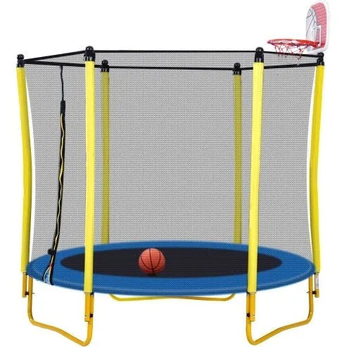 5.5FT Trampoline For Kids -65 Outdoor & Indoor Mini Toddler Trampoline With Enclosure, Basketball Hoop And Ball Included - Enfance-Heureuse