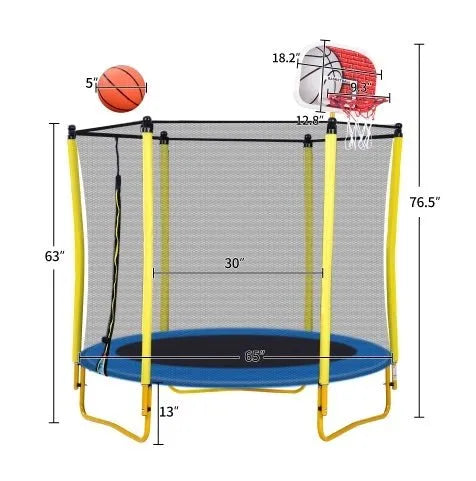 5.5FT Trampoline For Kids -65 Outdoor & Indoor Mini Toddler Trampoline With Enclosure, Basketball Hoop And Ball Included - Enfance-Heureuse