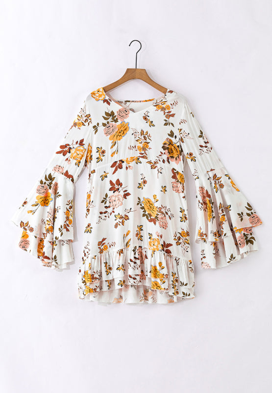 Printed V-Neck Flare Sleeve Mini Dress - Enfance-Heureuse