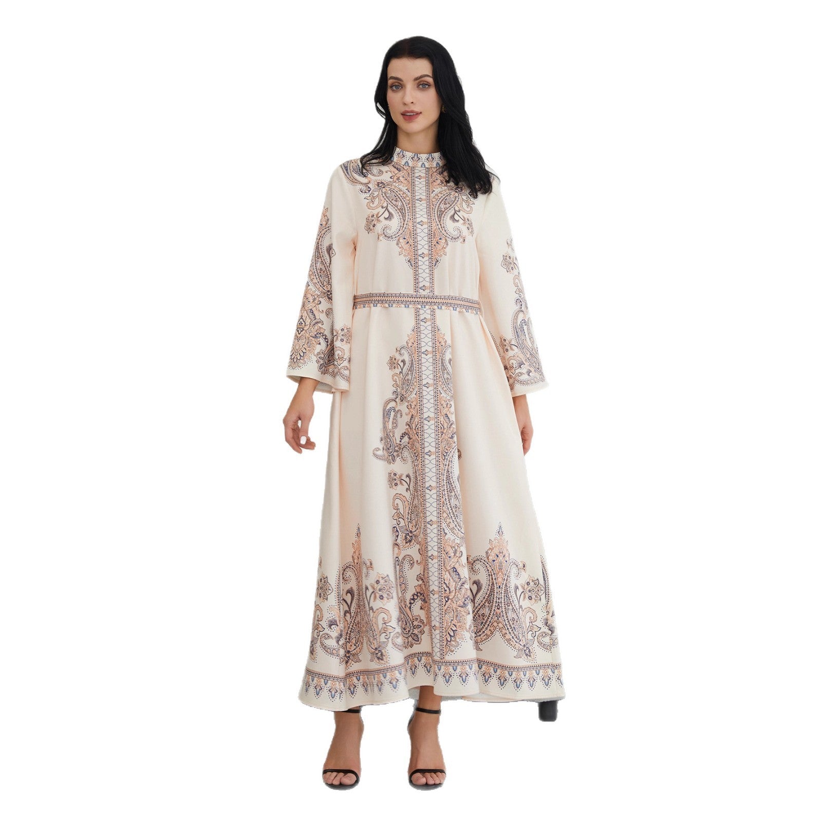 Stand Collar Printing Long Retro Muslim Dress - Enfance-Heureuse