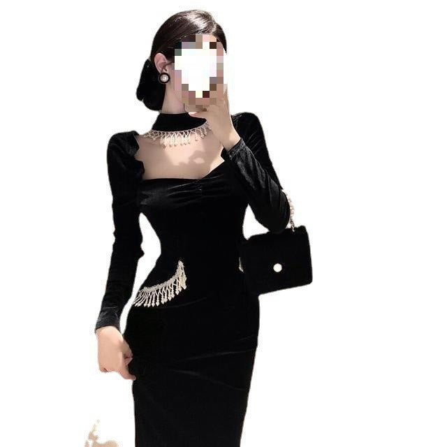 Puffy Sleeves Square Collar Pearl Bib Velvet Black Dress Dress - Enfance-Heureuse