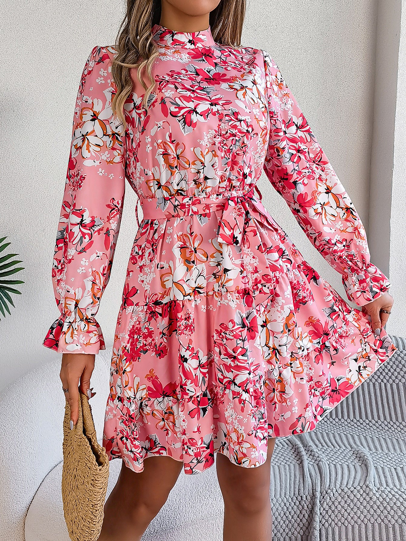 Standing Collar Floral Print Waist-controlled Long Sleeves Ruffled A-line Dresses For Women Spring Autumn Ruffle Edge Long Dress - Enfance-Heureuse