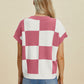 Double Take Full Size Checkered Round Neck Short Sleeve Sweater - Enfance-Heureuse