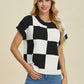 Double Take Full Size Checkered Round Neck Short Sleeve Sweater - Enfance-Heureuse