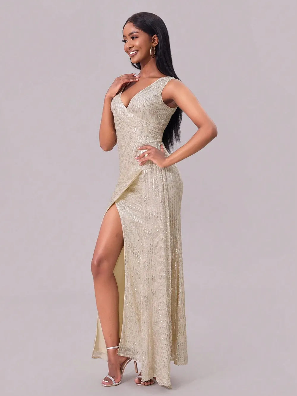Slit Sequin Surplice Sleeveless Maxi Dress - Enfance-Heureuse