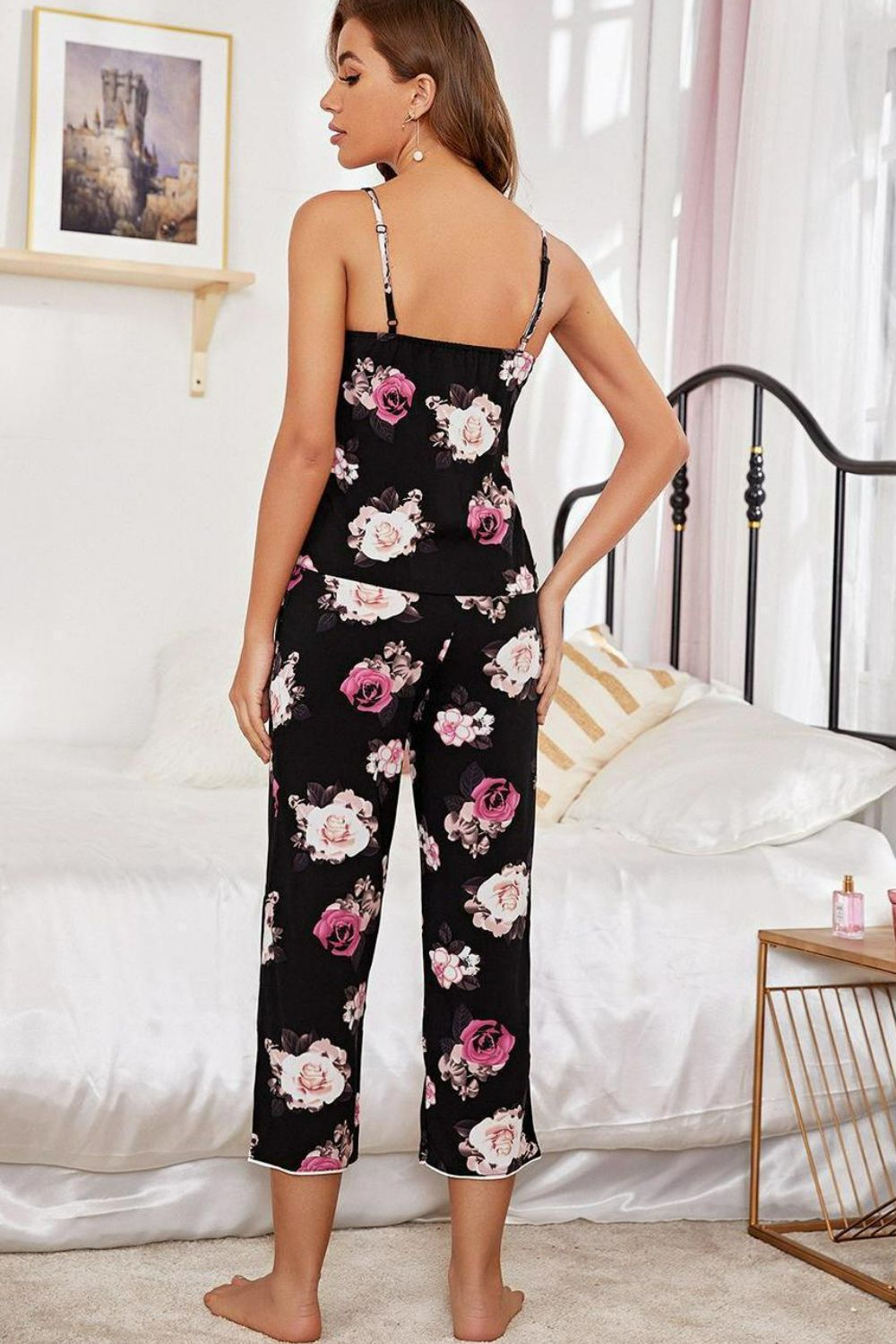 Floral V-Neck Cami and Cropped Pants Lounge Set - Enfance-Heureuse