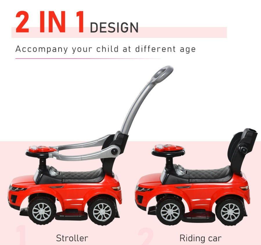 Kids 3 In 1 Push Car Ride-On Stroller Sliding Walking Toy With Horn Music Light Secure Bar For Boys Girls 1-3 Years Old Red - Enfance-Heureuse
