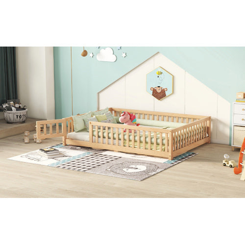 Full Size Bed Floor Bed With Safety Guardrails And Door For Kids, Natural - Enfance-Heureuse