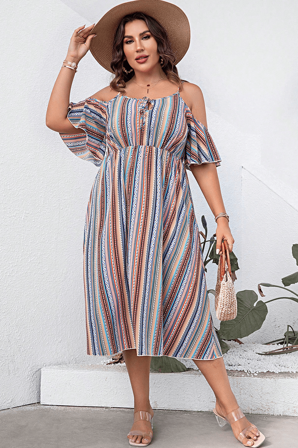 Plus Size Striped Cold-Shoulder Dress - Enfance-Heureuse