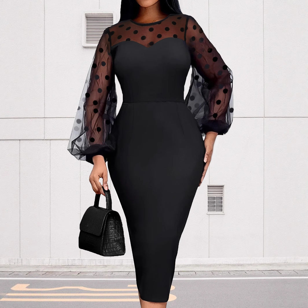 Vestido de mujer de manga larga con escote en V y diseño de patchwork de malla de lunares