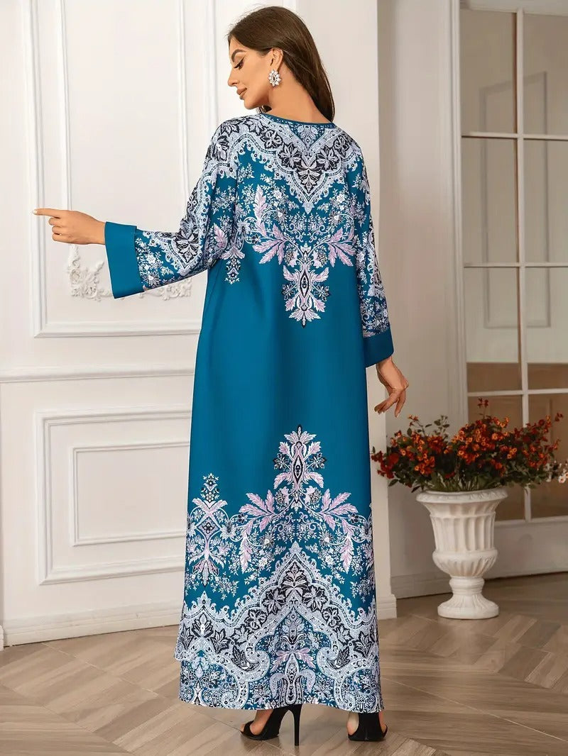 Printed Long Kaftan Dress - Long Sleeved, Round Neck With Bead Embellishment - Enfance-Heureuse