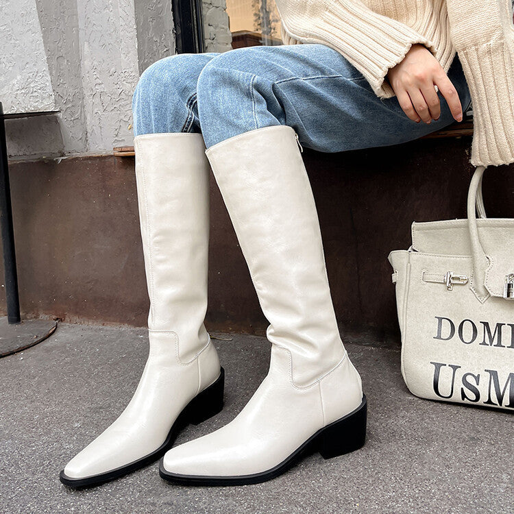 Botas altas de piel de vaca blanca con punta cuadrada, tacón medio y tacón grueso, estilo británico, con cremallera trasera