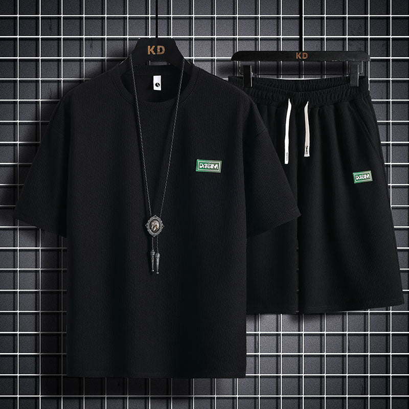 Tracksuit Short Sleeve Set Waffle Cotton Breathable Plaid Fabric Mens Casual Two Piece Set Fashion Sports Suit - Enfance-Heureuse