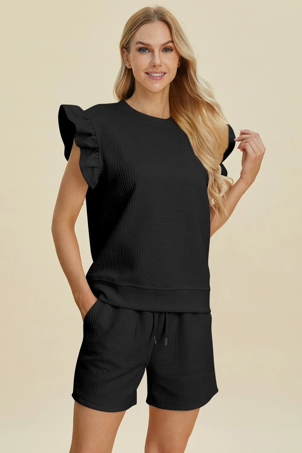 Double Take Full Size Texture Round Neck Ruffle Sleeve Top and Shorts Set - Enfance-Heureuse