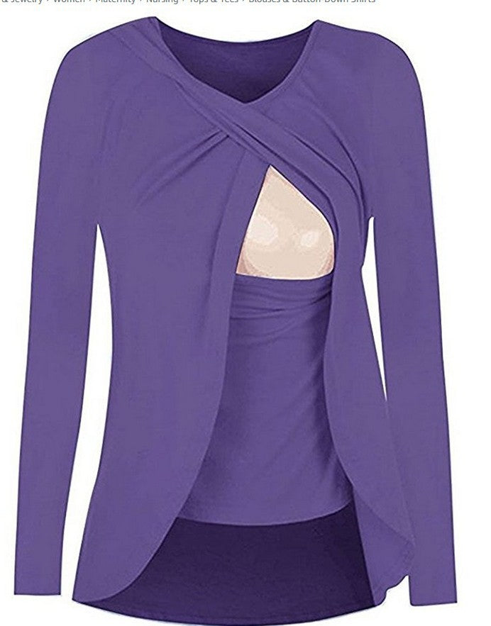 Chemisier de maternité européen en coton à col rond pouvant dévoiler l'allaitement des femmes enceintes, chemisier de loisirs de couleur unie tout-assorti 8962