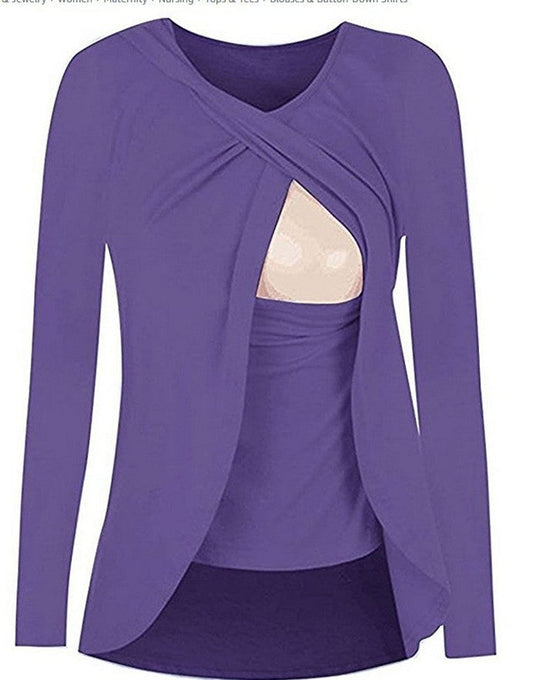 Chemisier de maternité européen en coton à col rond pouvant dévoiler l'allaitement des femmes enceintes, chemisier de loisirs de couleur unie tout-assorti 8962
