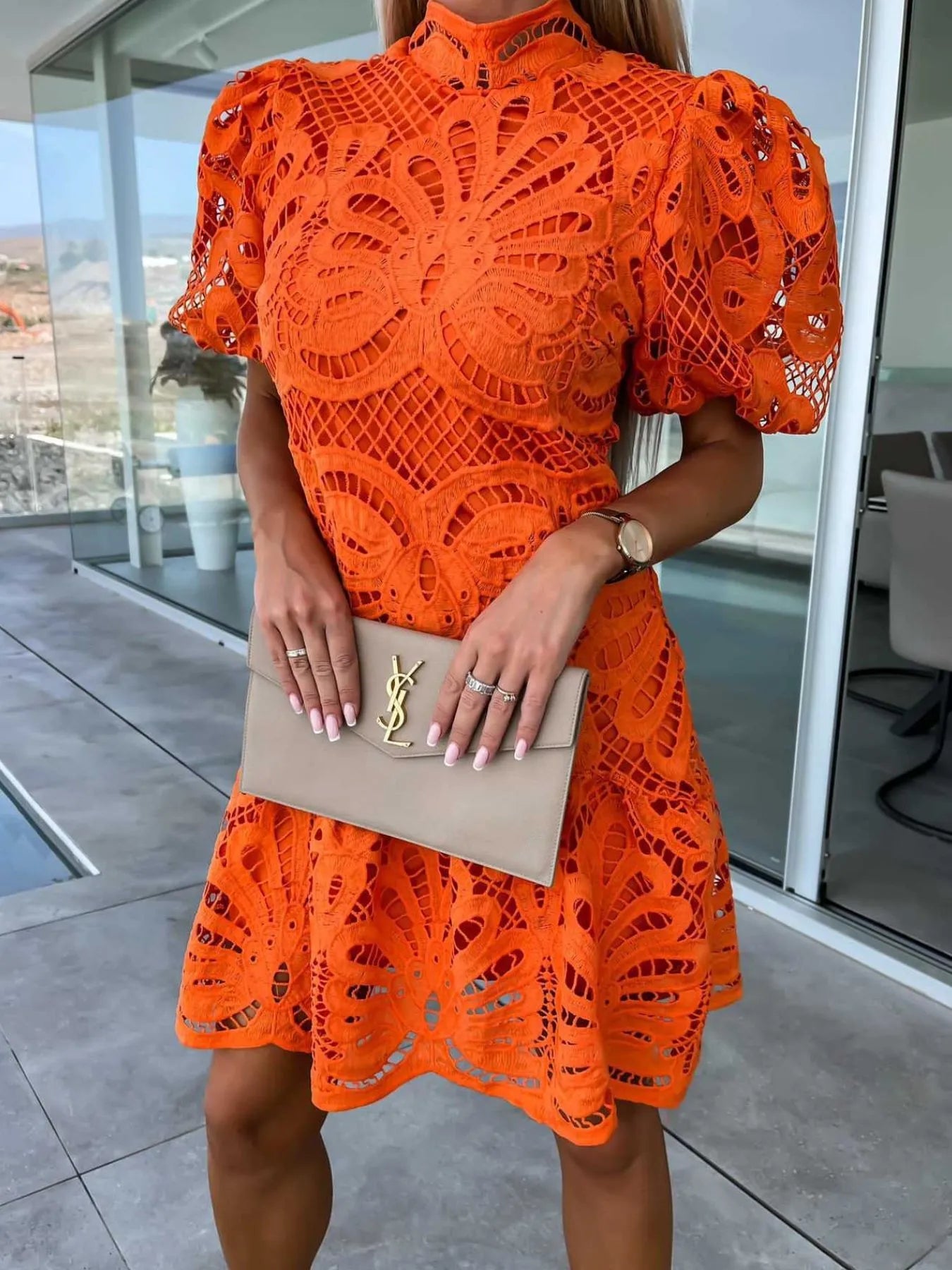 Lace Mock Neck Puff Sleeve Dress - Enfance-Heureuse