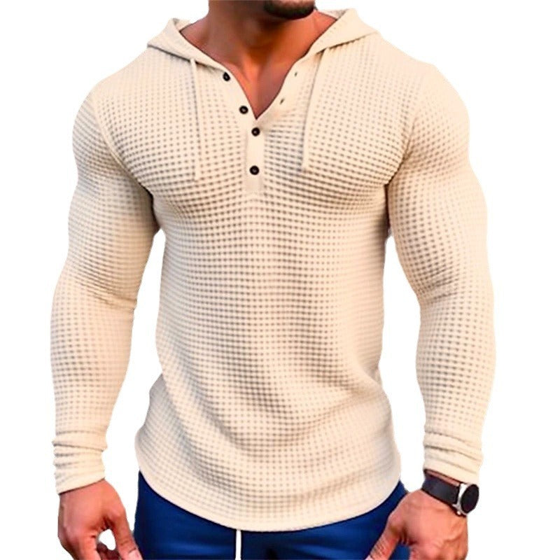 Men's Pullover Casual Long Sleeve T-shirt Waffler Slim Tops Sweat-shirt Solid Color Comfortable Mens Outdoor Streetwear S-3XL - Enfance-Heureuse