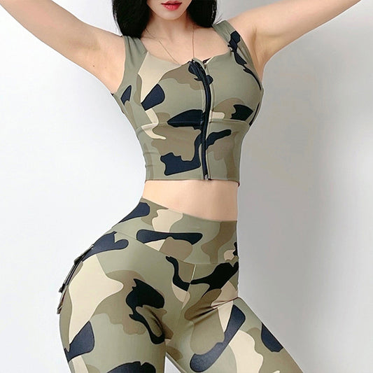 Camouflage Printed Front Zipper Sports Underwear Shockproof Yoga Clothes Vest - Enfance-Heureuse