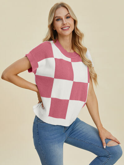 Double Take Full Size Checkered Round Neck Short Sleeve Sweater - Enfance-Heureuse