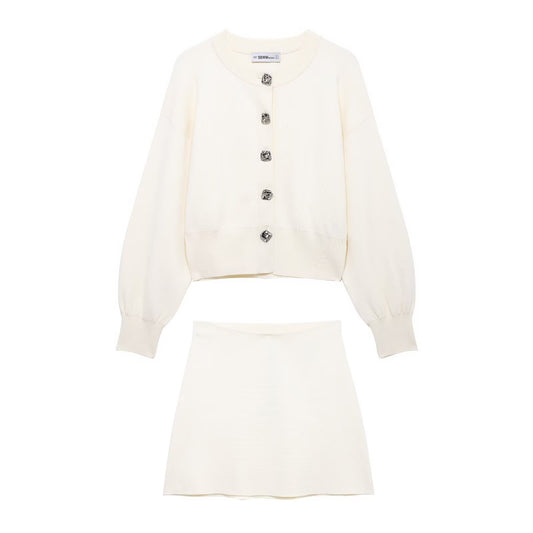 Flower Button Decoration Knitted Coat Short Mini Skirt Suit - Enfance-Heureuse