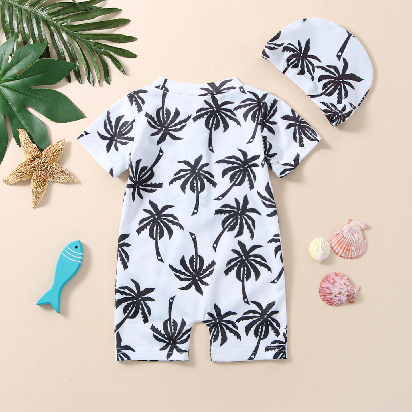 Boys' Cotton One-piece Swimsuit Cartoon Coconut Tree Printed Tape Hat - Enfance-Heureuse