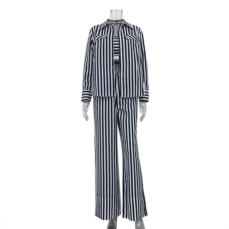 Striped Long Sleeve Cardigan Shirt Tube Top Wide Leg Pants Three-piece Set - Enfance-Heureuse