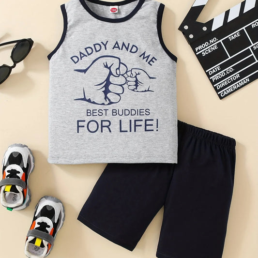 Summer Trendy Boys Letter Fist Print Sleeveless Casual Pants Suit - Enfance-Heureuse