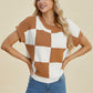 Double Take Full Size Checkered Round Neck Short Sleeve Sweater - Enfance-Heureuse