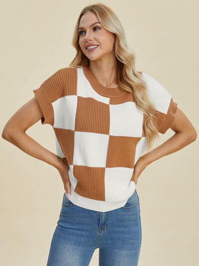 Double Take Full Size Checkered Round Neck Short Sleeve Sweater - Enfance-Heureuse