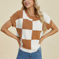 Double Take Full Size Checkered Round Neck Short Sleeve Sweater