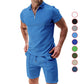 2Pcs Casual Waffle Suit Summer Zipper Lapel Short-sleeved Top And Drawstring Pockets Shorts Versatile Solid Color T-shirt Set For Mens Clothing - Enfance-Heureuse