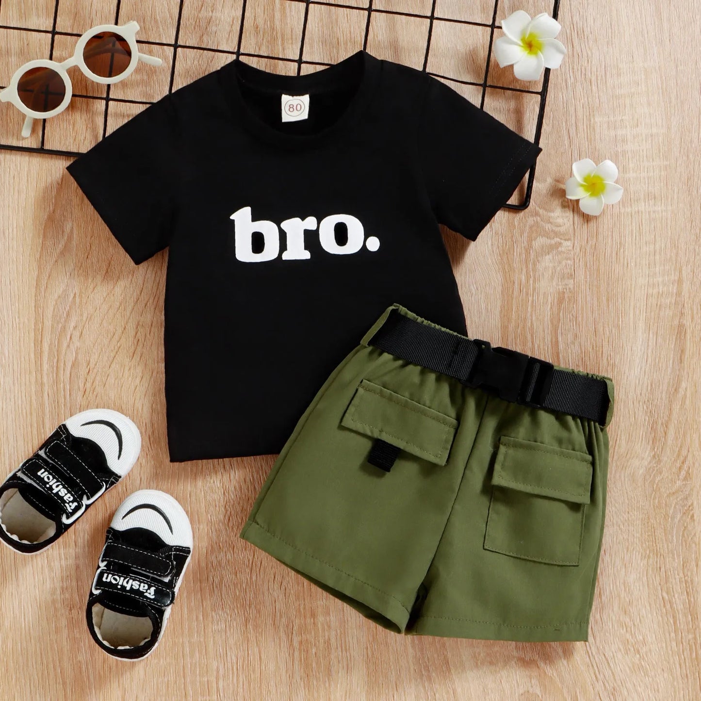 Round Neck Letter Short Sleeve Top Cargo Boys Suit - Enfance-Heureuse