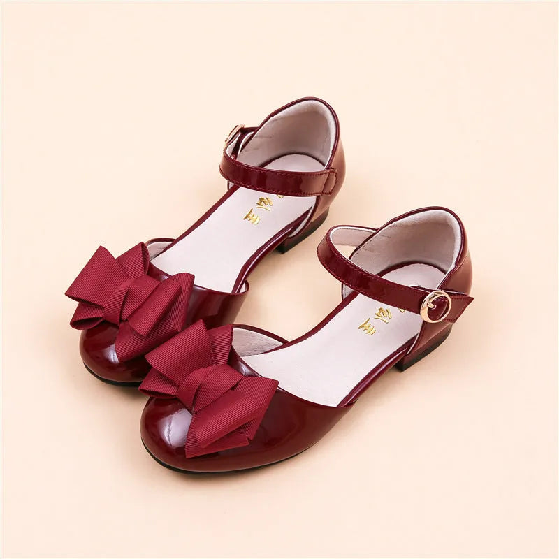 Big Kids' Hollow Velcro Patent Leather Shoes With Bow - Enfance-Heureuse