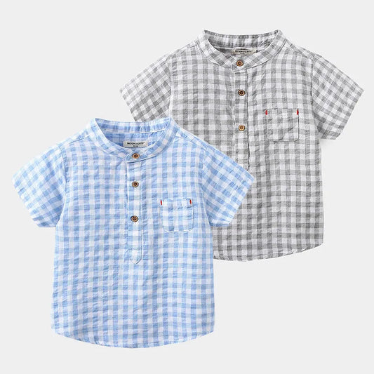 Children's Cotton Blue Short-sleeved Shirt Fashion Casual Short-sleeved Plaid Shirt - Enfance-Heureuse